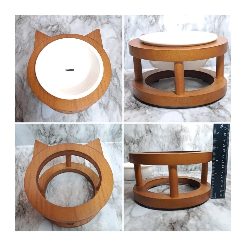 Phoebe & Max Pet Bowl Set Elevated  Ceramic Raised Cat Food Bowl‎ Wood